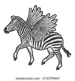 Cute zebra with wings. Isolated animal. Sketch scratch board imitation. Black and white. Engraving vector illustration