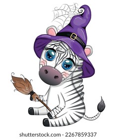 Cute zebra in witch hat, with broom, pumpkin jack, magic potion. Poster, card, label and decoration for Halloween party. Trick or Treat