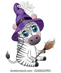 Cute zebra in witch hat, with broom, pumpkin jack, magic potion. Poster, card, label and decoration for Halloween party. Trick or Treat