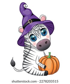 Cute zebra in witch hat, with broom, pumpkin jack, magic potion. Poster, card, label and decoration for Halloween party. Trick or Treat
