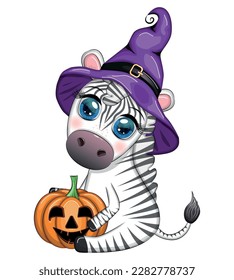 Cute zebra in witch hat, with broom, pumpkin jack, magic potion. Poster, card, label and decoration for Halloween party. Trick or Treat