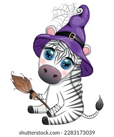 Cute zebra in witch hat, with broom, pumpkin jack, magic potion. Poster, card, label and decoration for Halloween party. Trick or Treat