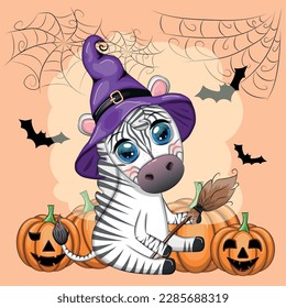 Cute zebra in witch hat, with broom, pumpkin jack, magic potion. Poster, card, label and decoration for Halloween party. Trick or Treat