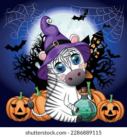Cute zebra in witch hat, with broom, pumpkin jack, magic potion. Poster, card, label and decoration for Halloween party. Trick or Treat