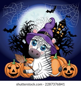 Cute zebra in witch hat, with broom, pumpkin jack, magic potion. Poster, card, label and decoration for Halloween party. Trick or Treat