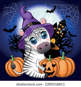 Cute zebra in witch hat, with broom, pumpkin jack, magic potion. Poster, card, label and decoration for Halloween party. Trick or Treat