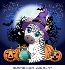 Cute zebra in witch hat, with broom, pumpkin jack, magic potion. Poster, card, label and decoration for Halloween party. Trick or Treat