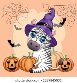 Cute zebra in witch hat, with broom, pumpkin jack, magic potion. Poster, card, label and decoration for Halloween party. Trick or Treat