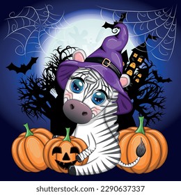 Cute zebra in witch hat, with broom, pumpkin jack, magic potion. Poster, card, label and decoration for Halloween party. Trick or Treat
