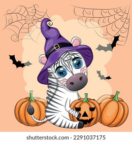 Cute zebra in witch hat, with broom, pumpkin jack, magic potion. Poster, card, label and decoration for Halloween party. Trick or Treat
