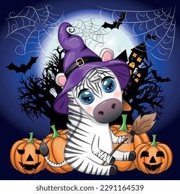 Cute zebra in witch hat, with broom, pumpkin jack, magic potion. Poster, card, label and decoration for Halloween party. Trick or Treat