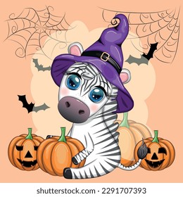 Cute zebra in witch hat, with broom, pumpkin jack, magic potion. Poster, card, label and decoration for Halloween party. Trick or Treat