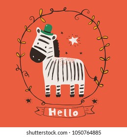 Cute zebra.cartoon hand drawn vector illustration. Can be used for baby t-shirt print, fashion print design, kids wear, baby shower celebration greeting and invitation card.