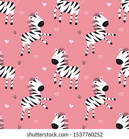 Cute zebras, cartoon vector seamless pattern for children. Print for textile, fabric, wallpaper, paper.
