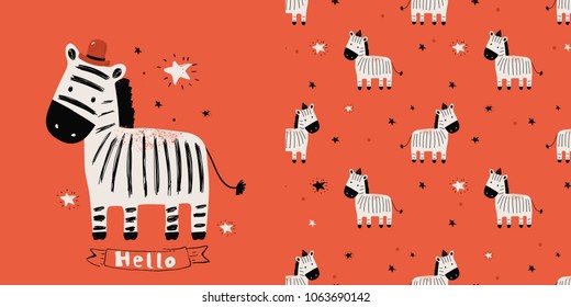 Cute zebra.seamless pattern .cartoon hand drawn vector illustration. Can be used for baby t-shirt print, fashion print design, kids wear, baby shower celebration greeting and invitation card.