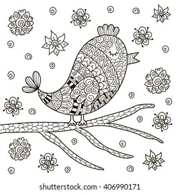 Cute zentangle bird sitting on branch for coloring book. Black and white background. Vector illustration