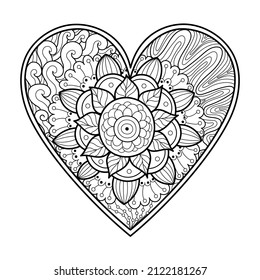 Cute zentangle floral heart coloring page. Black and white love pattern for antistress coloring book. Valentine’s Day mandala. Vector illustration