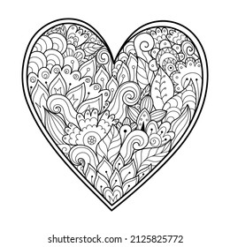 Cute zentangle floral heart coloring page. Black and white love pattern for antistress coloring book. Valentine’s Day mandala. Vector illustration