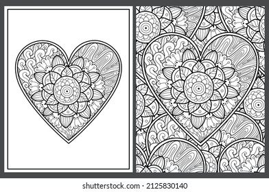 Cute zentangle floral heart coloring pages set in US Letter format. Black and white love patterns for antistress coloring book. Valentine’s Day mandala. Vector illustration