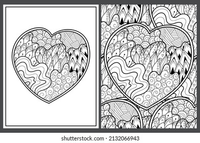 Cute zentangle floral heart coloring pages set in US Letter format. Black and white love patterns for antistress coloring book. Valentine’s Day mandala. Vector illustration