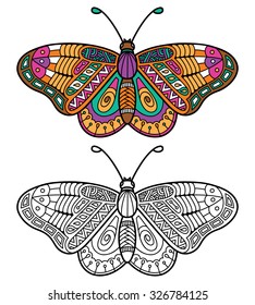Cute zentangle ornate butterfly. Vector illustration of cute ornate zentangle butterfly for children or for adult anti stress coloring book