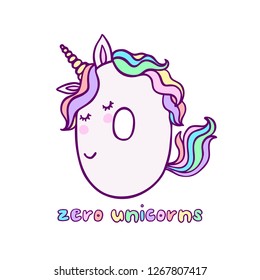 Cute Zero Unicorn Character Vector Illustration. Beautiful cartoon element for Kids Birthday Party invitation, greeting card and cake topper design.