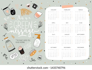 Cute Zero Waste 2020 Calendar. Yearly Planner Calendar with all Months. Good Organizer and Schedule. Bright colorful illustration with motivational quotes. Vector background