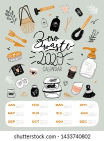 Cute Zero Waste 2020 Calendar. Yearly Planner Calendar with all Months. Good Organizer and Schedule. Bright colorful illustration with motivational quotes. Vector background