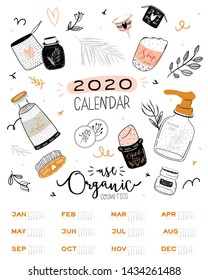 Cute Zero Waste 2020 Calendar. Yearly Planner Calendar with all Months. Good Organizer and Schedule. Bright colorful illustration with motivational quotes. Vector background