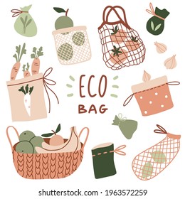 No se han puesto bolsas de basura. Colección de iconos de vida ecológica dibujada a mano. Elementos de doodle vectoriales planos. Productos reutilizables: maleta de red de comestibles, bolsa textil, cesta con frutas. Vamos verde, no hay concepto de plástico 