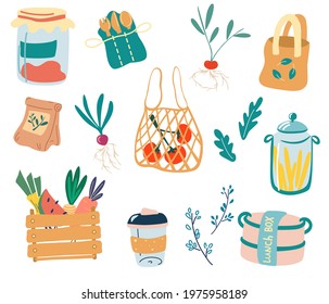 Cute zero waste elements. Zero waste kitchen. Set of doodle reusable products: glass jar, eco grocery bags, thermo mug. Hand drawn eco life illustration. Go green, no plastic, save the plane. Vector