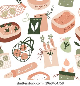 Cute zero waste kitchen seamless pattern. Hand drawn eco life texture.  Flat vector background with doodle vegetables and reusable products: grocery net bag, textile bag. Go green, no plastic concept