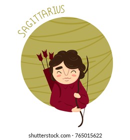 Cute zodiac 11 month sign - Sagittarius. Archer Boy in sagittarius costume. Vector flat character illustration