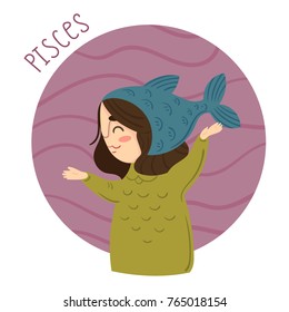 Cute zodiac 12 sign - Pisces. Girl in Pisces costume. Vector illustration.