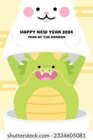 Cute zodiac animals rabbit and dragon year 2024 greetings card. Year of the dragon 2024 and former year of the rabbit vector illustration. Happy lunar new year in Asia, oriental auspicious clouds.