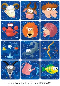Cute zodiac characters on space background