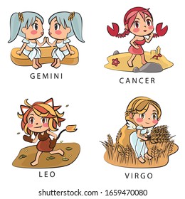 Cute Zodiac Collection, girls set: Gemini, Cancer, Leo, Virgo. Future telling, horoscope, alchemy, spirituality, occultism, fashion.