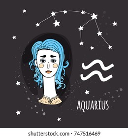Cute zodiac girl. Aquarius sign. Hand drawn vector illustration. Everything is isolated
