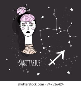 Cute zodiac girl. Sagittarius sign. Hand drawn vector illustration. Everything is isolated