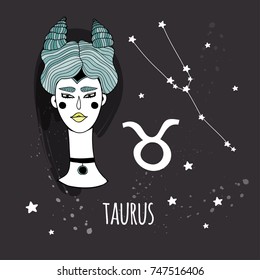 Cute zodiac girl. Taurus sign. Hand drawn vector illustration. Everything is isolated