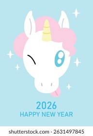 Cute zodiac horse head. Chinese new year of the horse 2026 greeting card. Cute cartoon unicorn illustration. Happy lunar new year 2026 celebration card.