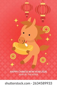 Cute zodiac horse with luck money. Cartoon horse holding a gold sycee ingot with golden coins in background. Chinese new year of the horse 2026 greeting card vector illustration.