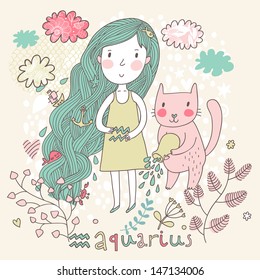 Cute zodiac sign - Aquarius. Vector illustration. Little girl with long beautiful hair with her pink cat  in the clouds and flowers. Doodle hand-drawn style. 