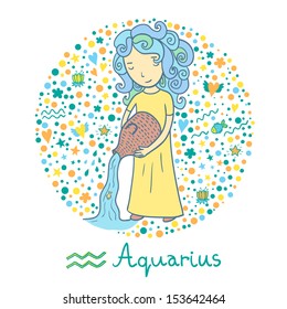 Cute zodiac sign - Aquarius. Vector illustration. Cute girl in the sea. 