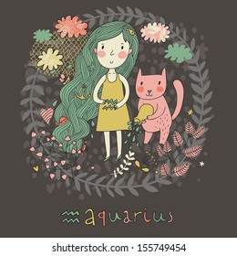 Cute zodiac sign - Aquarius. Vector illustration. Little girl with long beautiful hair with her pink cat in the clouds and flowers. Doodle hand-drawn style in dark colors
