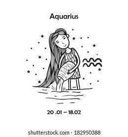 Cute zodiac sign - Aquarius. Vector illustration. Cute girl in the sea