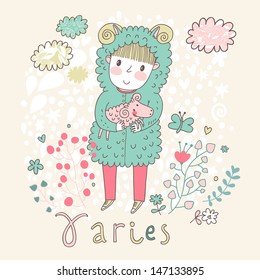 Cute zodiac sign - Aries. Vector illustration. Little boy riding with small ram. Background with flowers and clouds. Doodle hand-drawn style