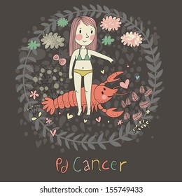 Cute zodiac sign - Cancer. Vector illustration. Little girl feeding big pink	 crayfish with heart. Background with flowers and clouds. Doodle hand-drawn style in dark colors