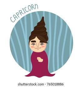 Cute zodiac sign - Capricorn. Girl in capricorn costume. Vector illustration.