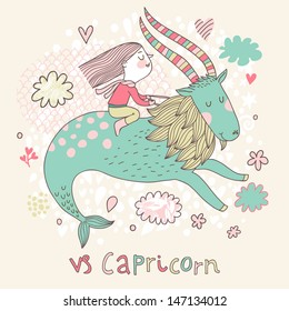 Cute zodiac sign - Capricorn. Vector illustration. Little girl riding on the big blue ibex in the sky with clouds. Doodle hand-drawn style